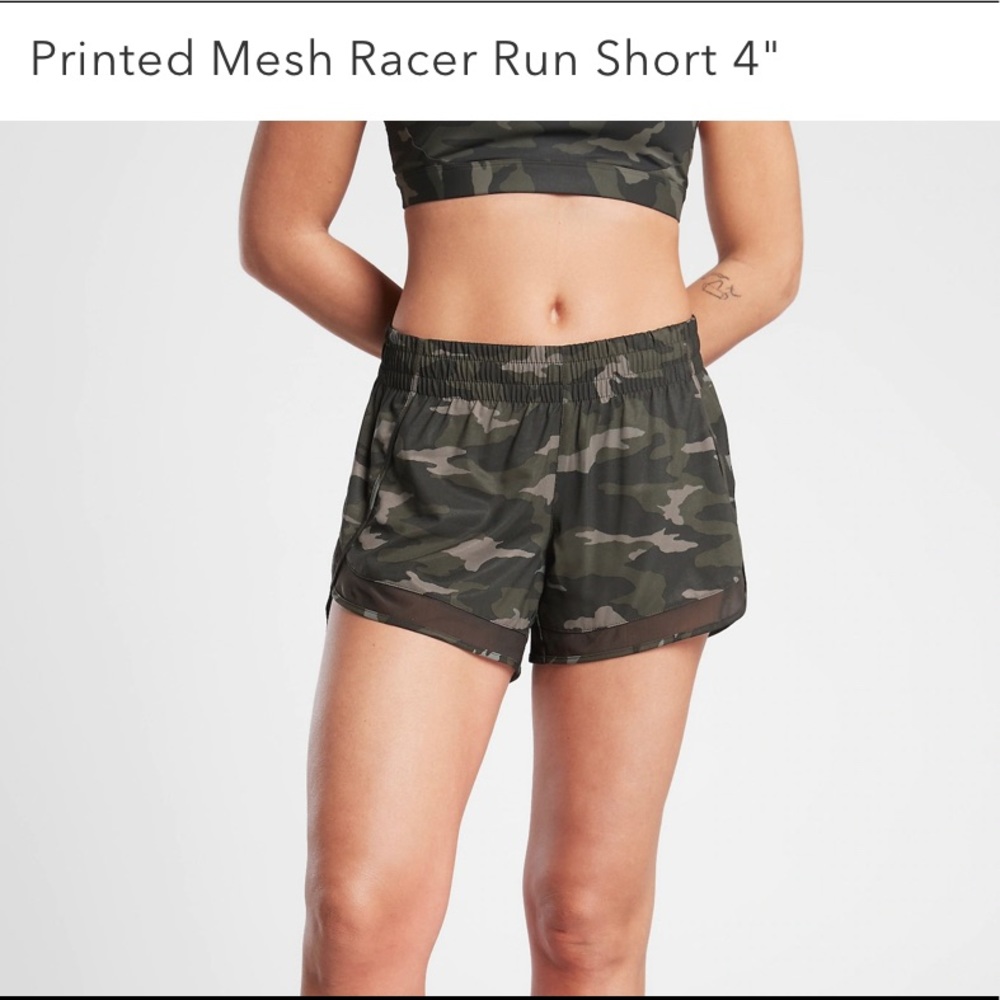 Athleta printed mesh racer running shorts, green camo, size S